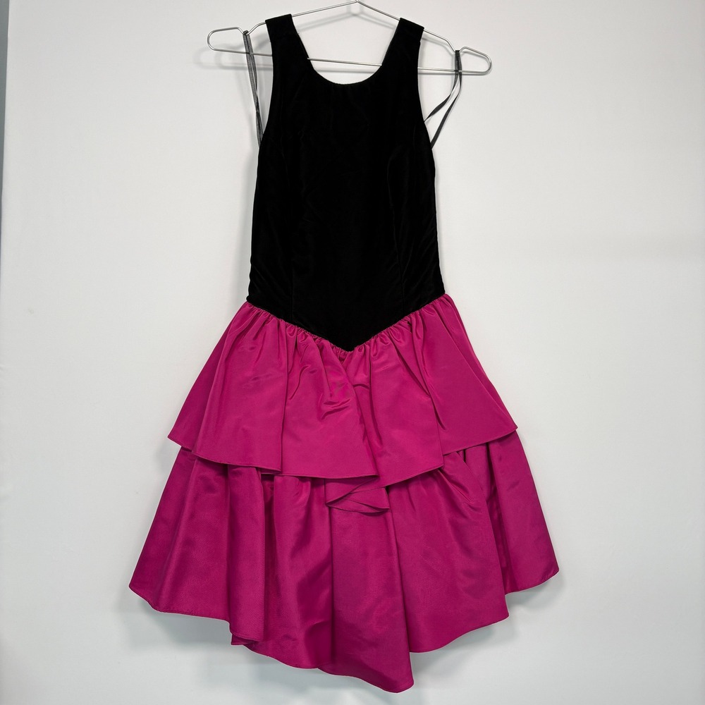Deadstock Gunne Sax Women Vintage 80s Party Dress 5 Pink Black Tiered Bow Prom